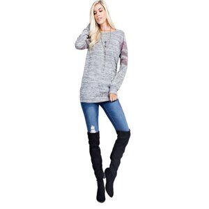 143 Story Soft Rebel – Heather Gray Knit with Striped Sleeves Small Medium